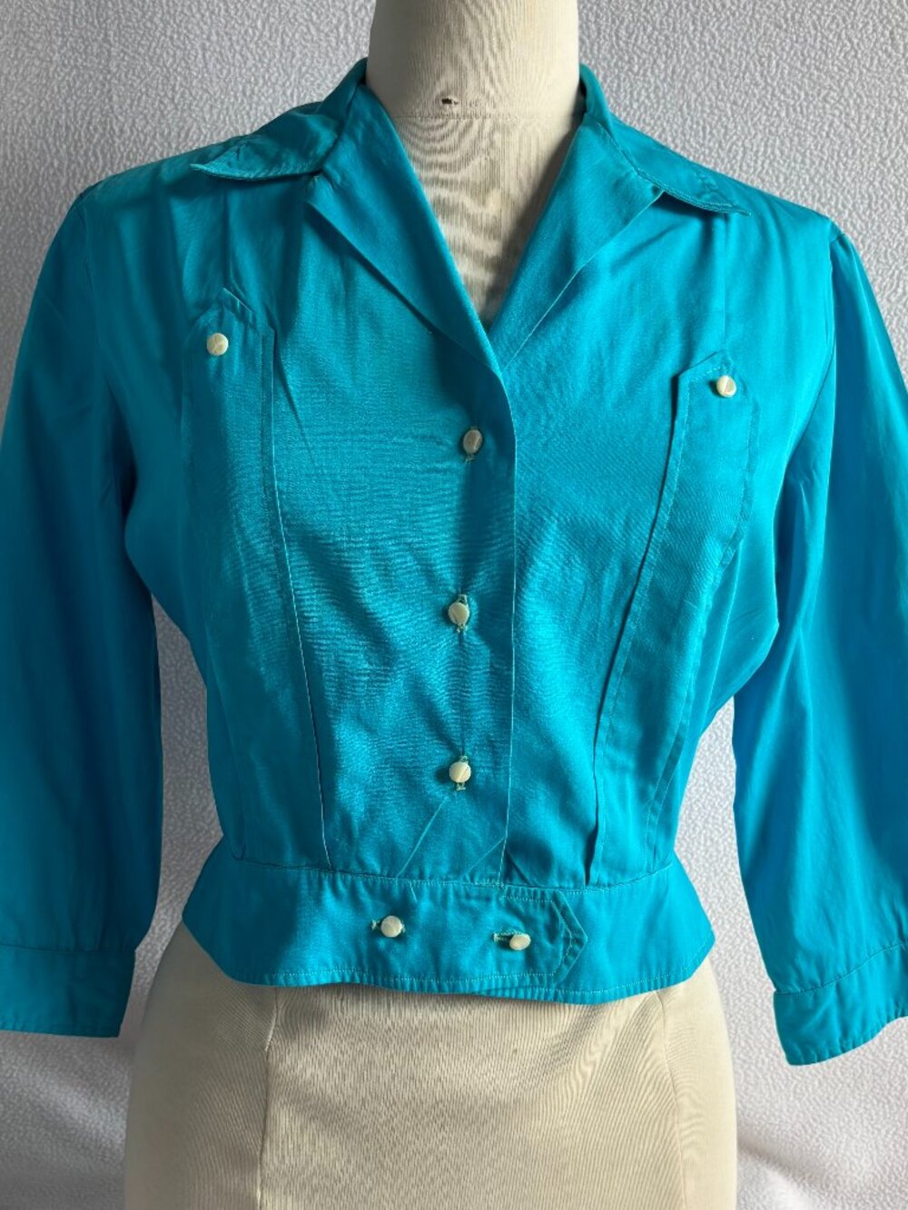 Vintage 1950s Turquoise Cotton Rockabilly Blouse